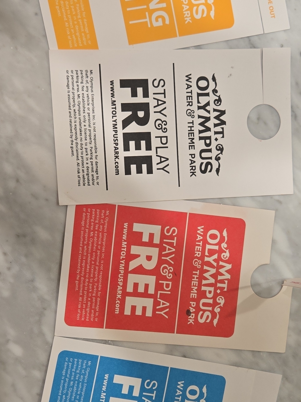 Mt. Olympus Wisconsin Dells Parking Permits Blue,Red,Yellow,White. Water Park